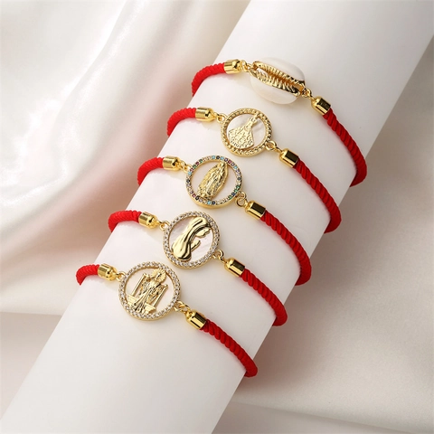 Bracciale In Corda Intrecciata Rossa Rame Placcato Oro Ciondolo Religioso Vergine Maria Conchiglia Coulisse Regolabile Zircone Donna