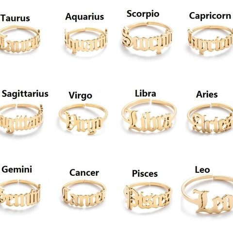 Gothic Letter Zodiac Sign Open Ring Stainless Steel Adjustable Constellation Jewelry For Women Retro Minimalist Birthday Gift