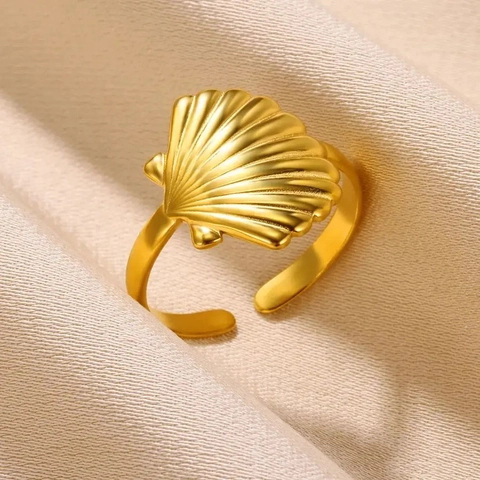 Anello Aperto in Acciaio Inossidabile Placcato Oro 18K Stella Marina Conchiglia per Donna Minimalista Strass Perla Artificiale