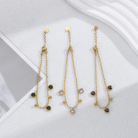 Stainless Steel Gold Ball Chain Bracelet With Round Green Black White Cubic Zirconia Gemstones For Women