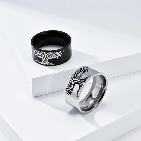 Nordic Tree Of Life Stainless Steel Ring Men Vintage Viking Style Wide Band Black Silver Color Polished Fashion Jewelry Gift