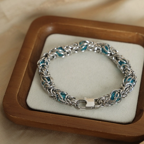 Byzantine Weave Necklace And Bracelet Jewelry Set Stainless Steel With Blue Beads Exaggerated Punk Hip Hop For Men