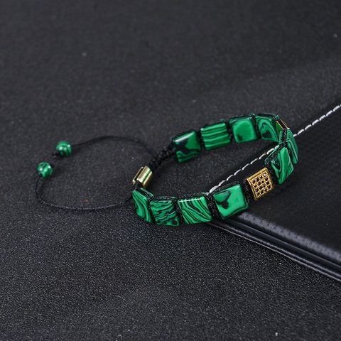 Pulsera De Piedra Natural Cuadrada Malaquita Ojo De Tigre Cobre Micro Pavé Zirconia Hecha A Mano Ajustable Trenzada Joyería