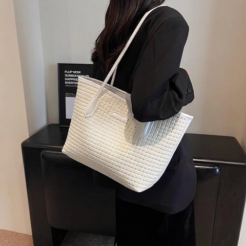 Woven Tote Bag Women Large Capacity PU Leather Commuter Handbag Elegant Zipper Shoulder Bag Minimalist Vintage Style