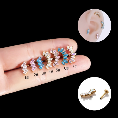 G23 Titanium Cartilage Stud Earring With Colorful Zircon Inlaid Internally Threaded Labret Piercing Jewelry For Women