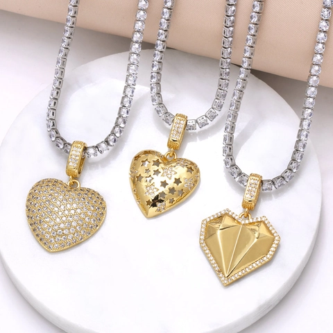 Copper Plated Real Gold Heart Pendant Necklace With Cubic Zirconia Tennis Chain Minimalist Jewelry Gift For Women