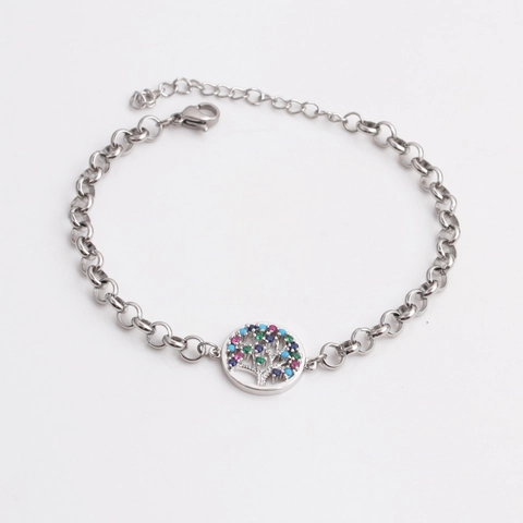 Pulsera Árbol De La Vida Acero Inoxidable Circonita Colorida Colgante Cobre Cadena Ajustable Joyería Para Mujer Moda