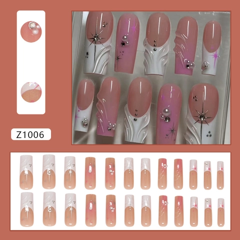 Press On Nägel Lange Sargform ABS Kunststoff Französisch Verlauf Nude Pink Weiß 3D Wellenperlen Strass Stern Kunst
