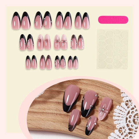 Unghie Finte French Tip Press On Nails Lunghe Mandorla ABS Con Strass Fiori 3D Stampa Animale Zebra Per Donna