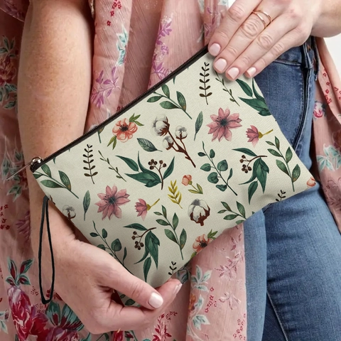 Floral Print Makeup Bag Linen Fabric Zippered Cosmetic Pouch With Hand Strap Portable Travel Toiletry Organizer Bag