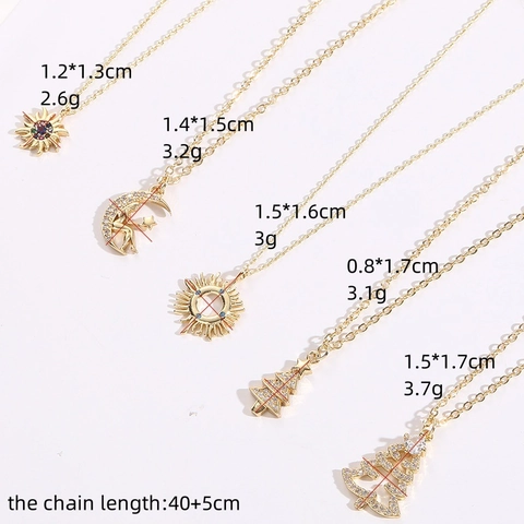 Collier Pendentif Soleil Lune Arbre De Noël Cuivre Plaqué Or 14K Zircon Chaîne De Clavicule Délicate Bijoux Femme