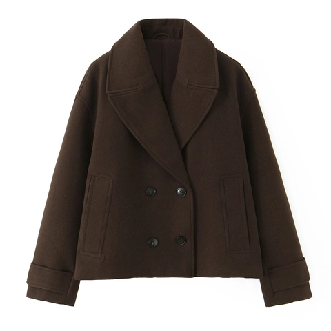 Veste Courte En Laine Pour Femmes Croisée À Revers Décontractée Mode Couleur Unie Manches Longues Manteau Chaud
