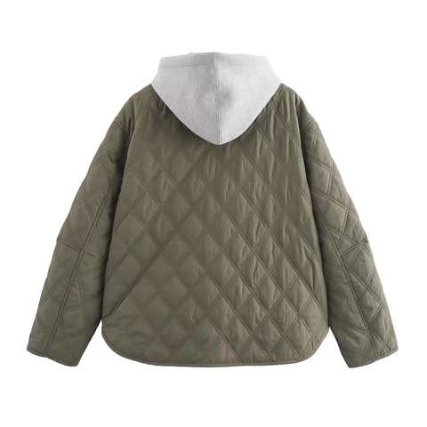 Giacca Trapuntata Con Cappuccio Motivo Diamante Streetwear Casual Donna Verde Militare Bottone A Pressione Cappotto Esterno