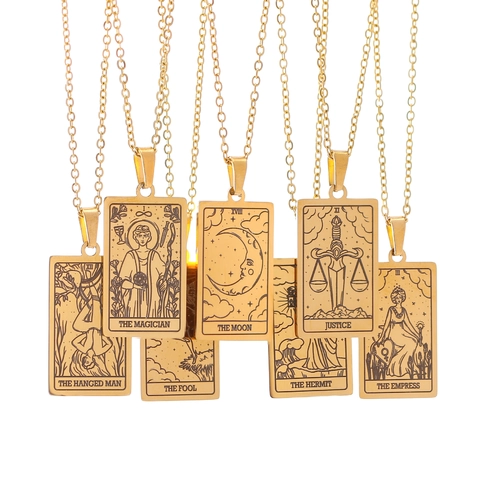 Vintage Tarot Card Pendant Necklace 304 Stainless Steel Gold Plated Rectangular Mystical Minimalist Jewelry For Women