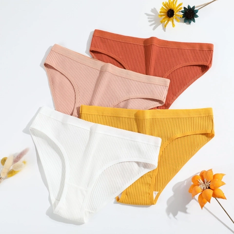 Ribbed Cotton Panties For Women Breathable Solid Color Mid Low Waist Briefs Soft Stretchy Underwear With Double Layer Crotch