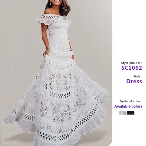 Off Shoulder Spitzen Maxikleid Rüschen Durchbrochen Gestuftes Boho Urlaub Elegantes Ärmelloses Kleid Für Damen