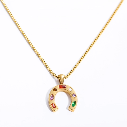 Hoefijzer Hanger Ketting Roestvrij Staal 18K Verguld Kleurrijke Zirkoon Kaleidoscoop Geluksmantel Sieraden Voor Dames
