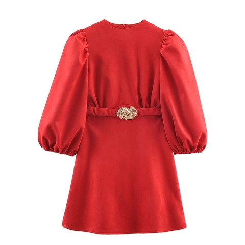 Sexy Suede Minikleid Damen Puffärmel Figurbetont Party Gürtel Mit Goldener Blumenschnalle