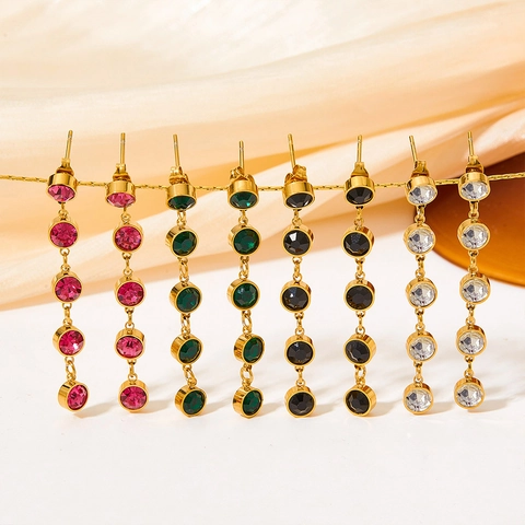 Orecchini Pendenti Acciaio Inossidabile Zircone Colorato Goccia Lunga Pietra Rotonda Gioielli Moda Donna
