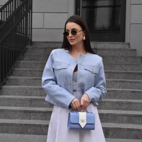 Chaqueta De Tweed Elegante Para Mujer Abrigo Corto Color Sólido Botón Dorado Manga Larga Ropa De Abrigo