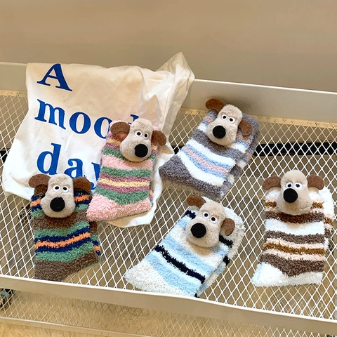 Calze Di Peluche In Acrilico Pile Corallo Da Donna Ispessite Calde Inverno Casa Righe Cane 3D Morbide Comode