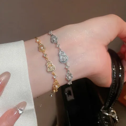 Elegant Hulu Gourd Pendant Bracelet Women Zircon Imitation Artificial Pearl 18K Gold Plated Alloy Adjustable Clasp