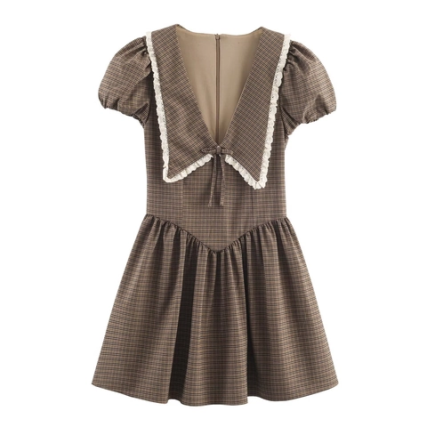 Damen Kariertes Minikleid Retro Peter Pan Kragen Spitze Puffärmel Schleife Eleganter Pastoraler Stil Polyester Reißverschluss