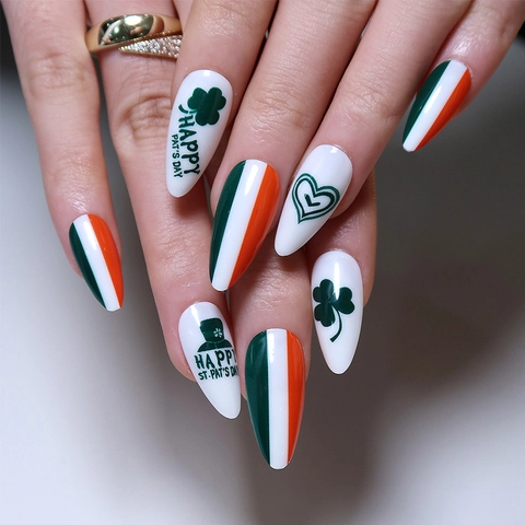 St Patricks Day Künstliche Nägel Stiletto Full Cover Grün Weiß Orange Kleeblatt Herz Design Festliche Accessoires Für Damen
