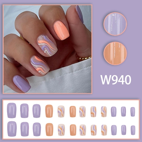 Uñas Postizas Cuadradas Press On Patrón Ondas Morado Naranja Líneas Abstractas ABS Puntas Artificiales Accesorios Manicura Mujer