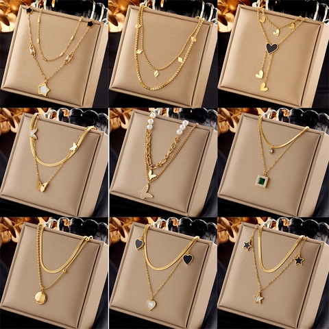 Collana a Doppio Strato in Acciaio Inossidabile Placcato Oro Pendente Cuore Stella Farfalla Gioielli Donna Con Zirconia