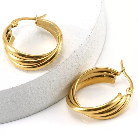 Western Fashion Stainless Steel Triple Layer Hoop Earrings For Women Gold Plated Geometric Cold Style Minimalist Earrings Jewelry
