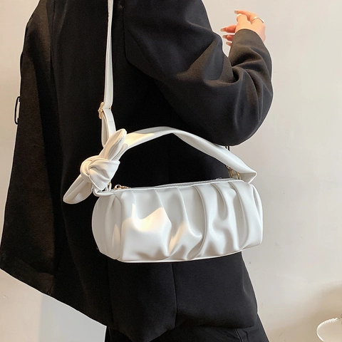 Ruched Cloud Shoulder Bag Women PU Leather Knot Handle Pleated Underarm Handbag Solid Color Fashion Chic Pouch