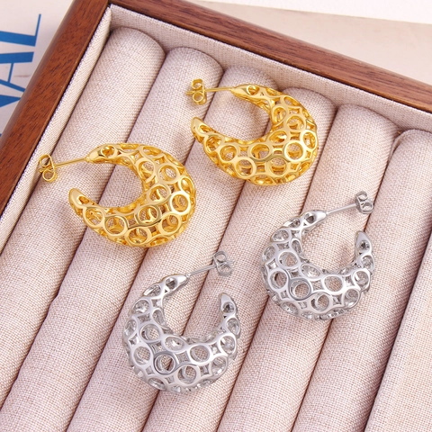 18K Vergoldet Minimalistische Geometrische C-Förmige Hohl Ohrringe Für Damen Kupfer Schmuck Mit 925 Sterlingsilber Ohrstecker-Stift