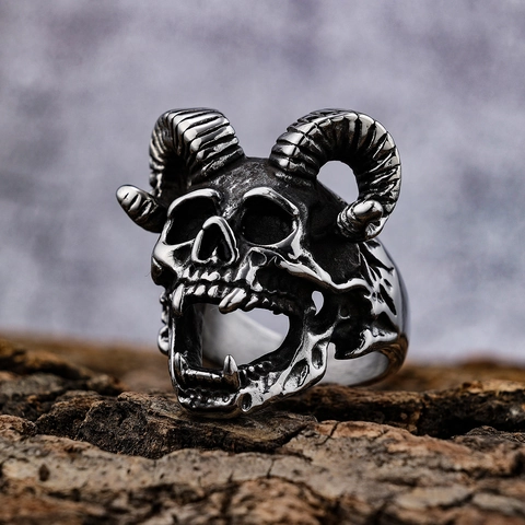 Anello Teschio Di Ariete Gotico Acciaio Inossidabile Corno Di Pecora Punk Rock Gioielli Biker Retro Argento Ossidato