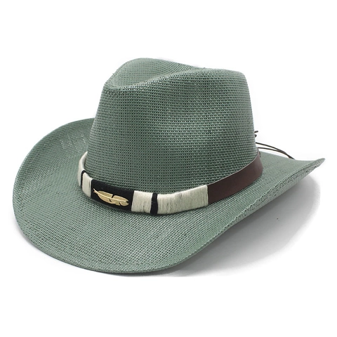 Cappello Da Cowboy In Paglia Vintage Tesa Larga Protezione Solare Paglia Di Carta Con Fascia In Pelle E Piuma Di Metallo Per Uomini Donne