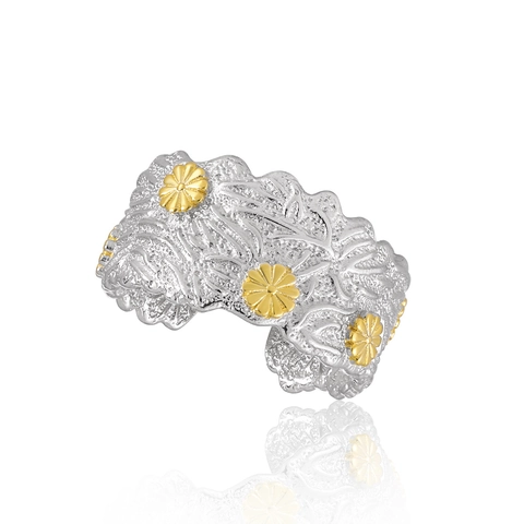 S925 Sterling Silver Daisy Flower Ring Adjustable Open Finger Ring Retro Floral Leaf Texture Two Tone Jewelry For Women