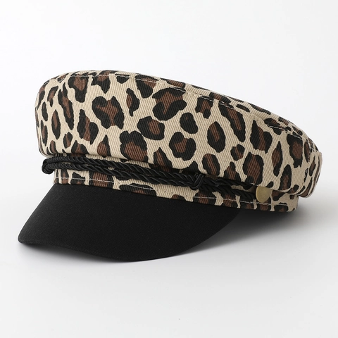 Women Vintage Leopard Print Navy Hat Flat Top Newsboy Cap With Braided Rope Metal Button Retro Sailor Hat Fashion Accessory