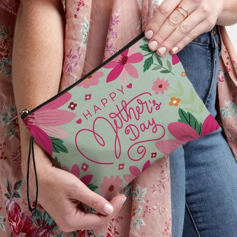 Cosmetic Bag Fine Linen Floral Print Zipper Pouch Travel Toiletry Organizer With Wristlet For Women Mother Gift