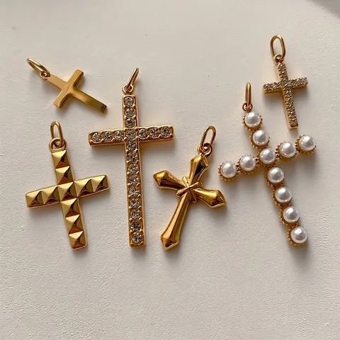 Stainless Steel Cross Pendant For DIY Jewelry Making Pave Rhinestone Artificial Pearl Gold Silver Religious Charm Accessory