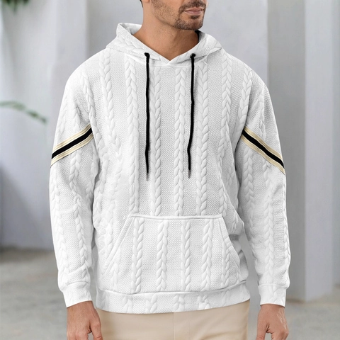 Men's Cable Knit Hoodie Jacquard Textured Sweatshirt Casual Long Sleeve Striped Arm Drawstring Kangaroo Pocket Fashion
