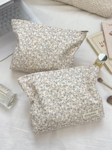 Corduroy Floral Makeup Bag Large Capacity Cosmetic Pouch Travel Organizer With Zipper Korean Style Canvas Lining