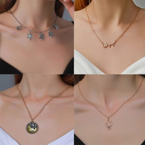 Alloy Rhinestone Sunflower Pendant Necklace For Women Personalized Fashion Maple Leaf Cactus Rose Enamel Clavicle Chain Jewelry