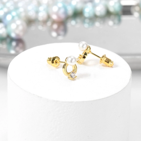 Pendientes De Botón Con Perla Artificial Y Circonita Baño Oro 18K Cobre Diseño Geométrico Joyería Moda Simple Para Mujeres