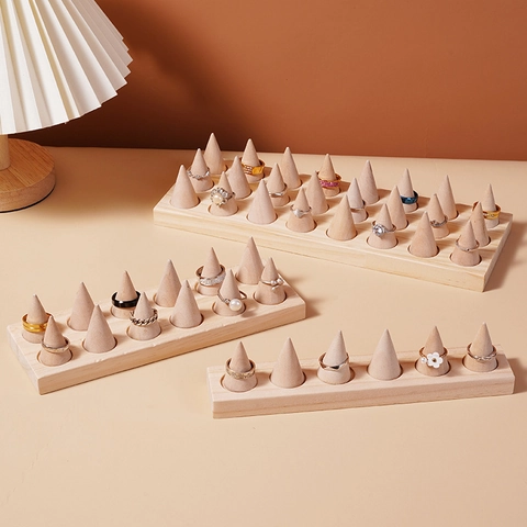 Solid Wood Ring Display Stand Cone Shaped Jewelry Organizer Tray Holder For Countertop Showcase Natural