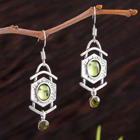 Vintage Geometric Dangle Earrings Oval Synthetic Moonstone Alloy Drop Earrings Bohemian Retro Style Jewelry For Women