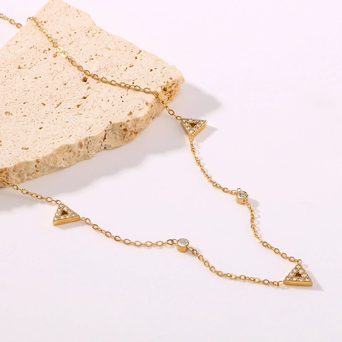 Minimalist Stainless Steel Necklace For Women 18K Gold Plated Geometric Triangle Pendants Micro Pave Cubic Zirconia