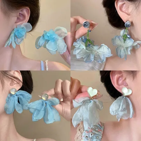 Orecchini Pendenti Con Fiori In Rete Blu Con Perno In Argento Sterling 925 Perla Artificiale Nappa Floreale Gioielli Donne