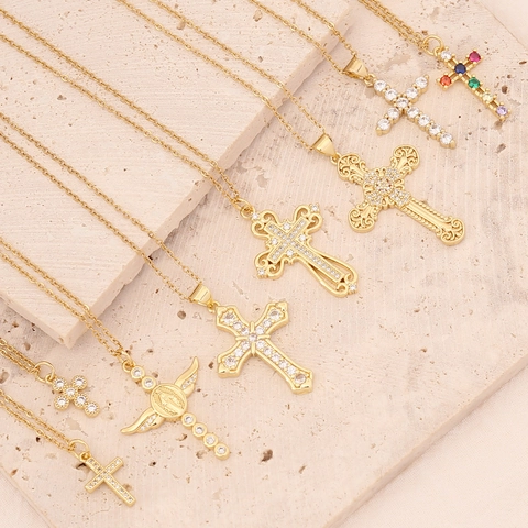 Cross Pendant Necklace Copper Micro Pave Zircon 18K Gold Plated Hip Hop Religious Virgin Mary Wing Jewelry For Women Men