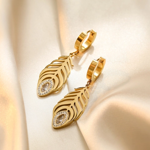 Boucles D'oreilles Pendantes Plumes Et Créoles En Zircone Cubique Acier Inoxydable Plaqué Or Pour Femmes Bijoux Chics