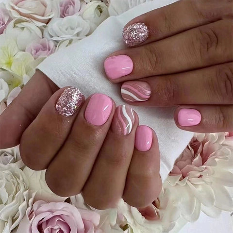 Uñas Postizas Cortas Rosa Blanco Purpurina Patrón De Ondas Uñas Artificiales Para Mujeres Estilo Dulce Ins